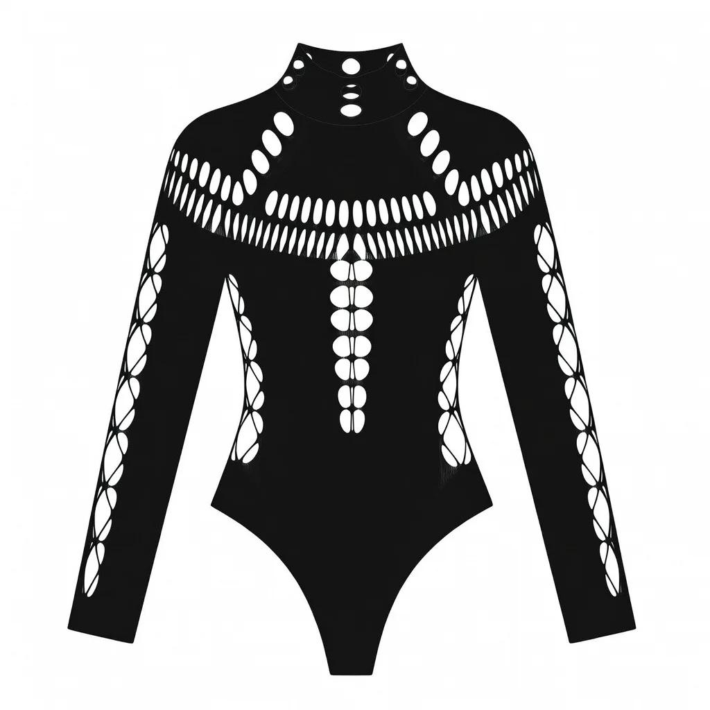 Body sexy noir pour femme Y2K, col montant, coupe moulante, découpe circulaire sur le devant et manc