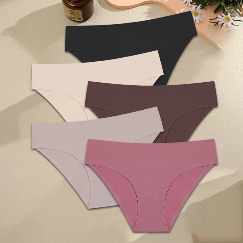 FINETOO 5 pièces culottes sans couture pour femmes sous-vêtements Sexy en soie glacée slips solides 