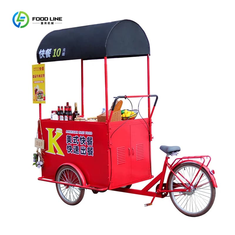 Chariot de vente ambulant personnalisé à trois roues pour marché nocturne, promotion mobile et vente