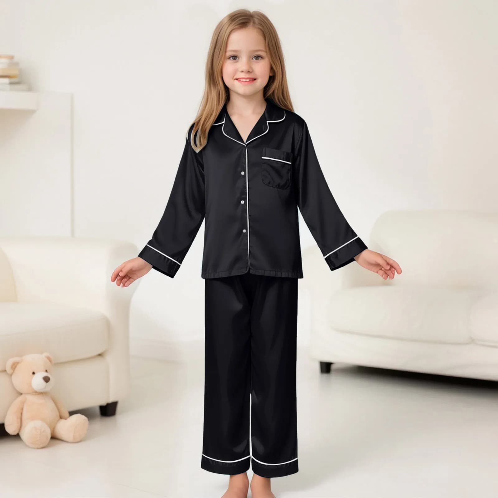 Ensemble pyjama 2 pièces en soie pour filles, vêtements de nuit en Satin doux pour enfants de 3 à 14