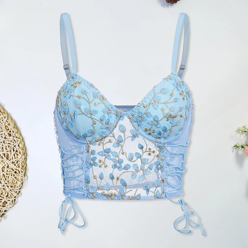 Femmes bleu Camisole gilet soutien-gorge broderie fleur Corsets coupe ajustée polyvalent dame haut C