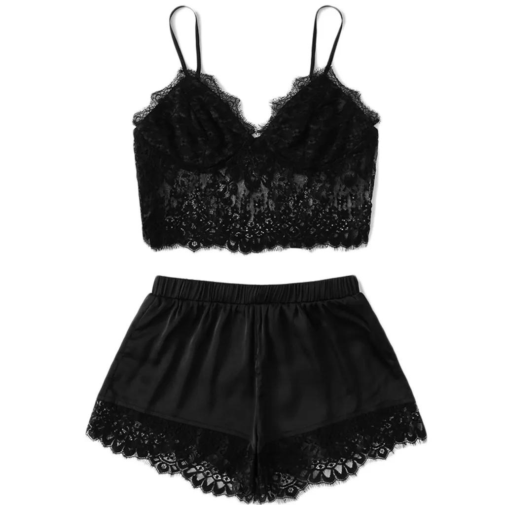 Pyjama en Soie Sexy pour Femme, Ensemble 2 Pièces, Bretelles en Dentelle, Haut et Short, Tenue de Nu