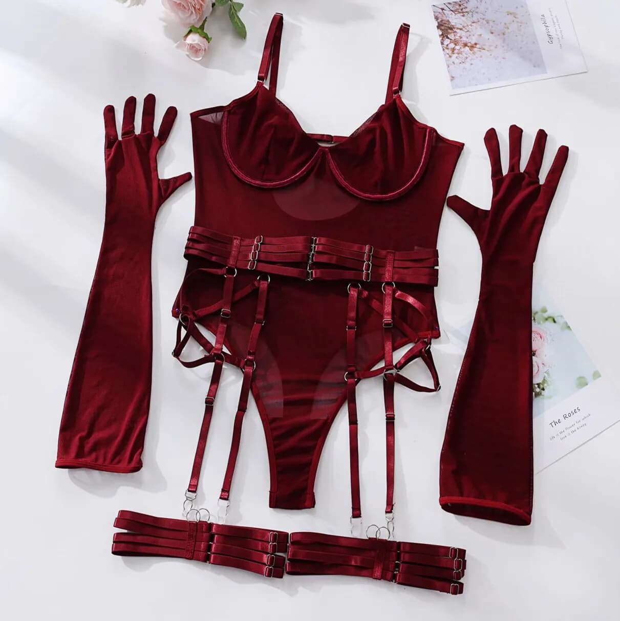 Combinaison une pièce sexy avec gants pour femmes, jarretières, barboteuses en maille, body, dentell