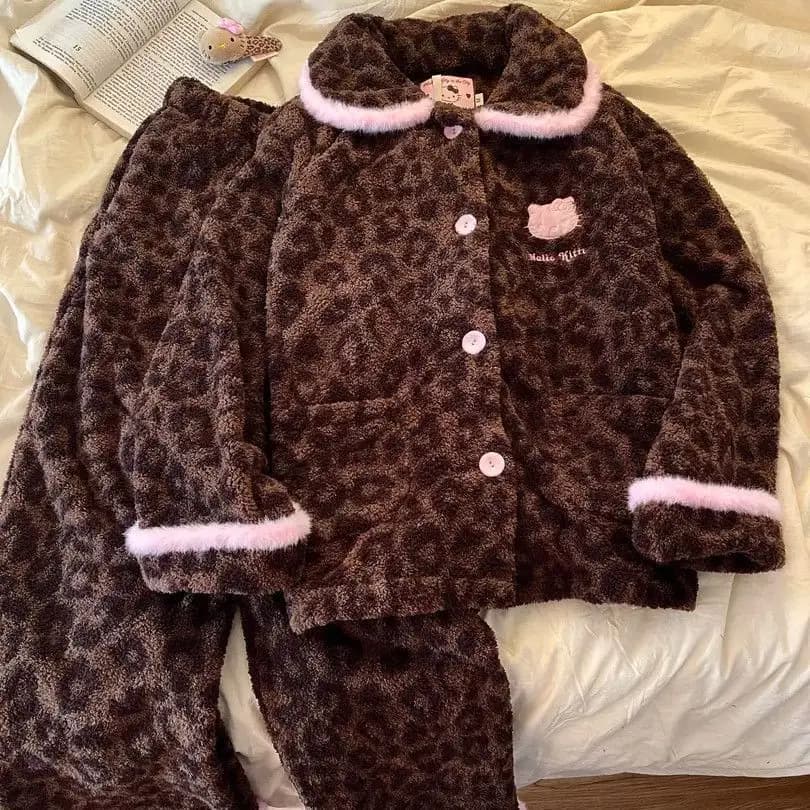 Pyjama à capuche deux pièces Hello Kitty pour femme, marron, imprimé léopard rose, pyjama moelleux,