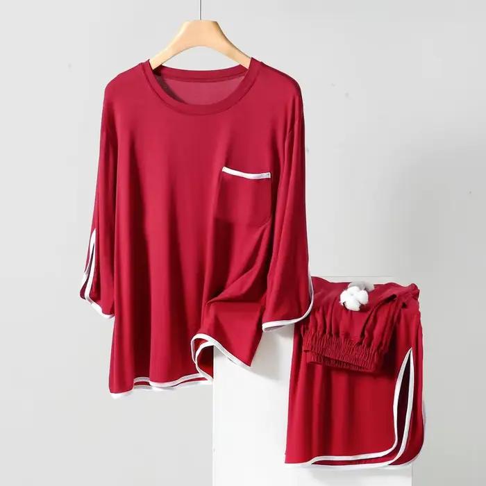 Pyjama en modal pour femmes, pyjama printemps-été, col rond, pantalon ample à manches 3/4, ensemble