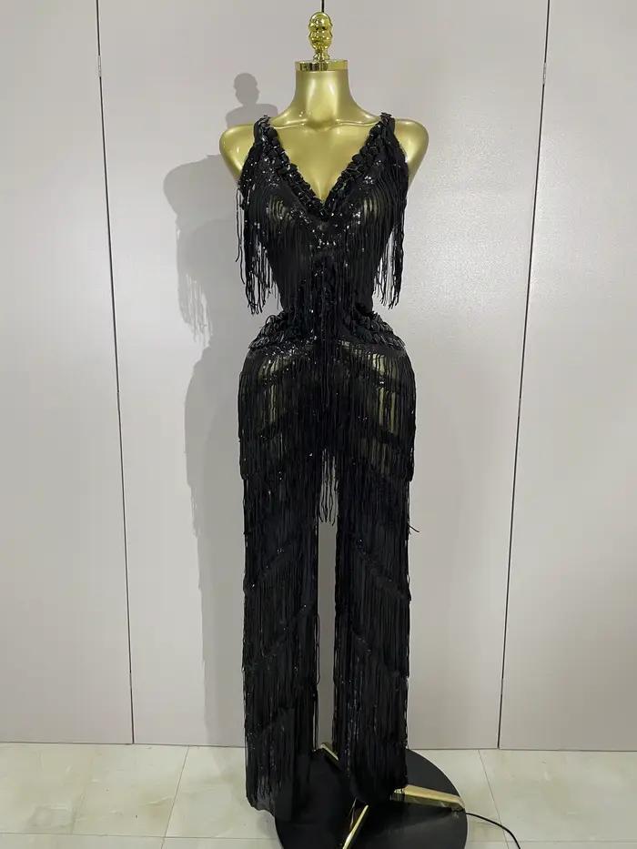 Combinaison à franges et paillettes pour femmes, strass noirs scintillants, tenue Sexy pour boîte de