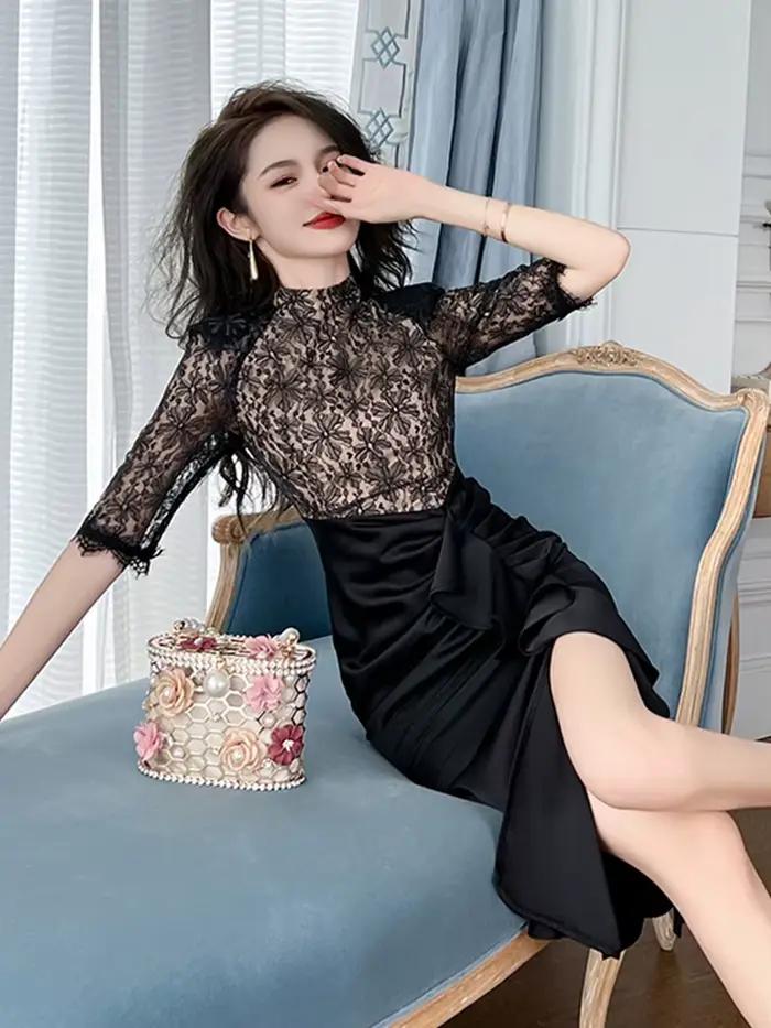Robe mi-longue de Style rétro pour femmes, noire, dentelle transparente épissée, Satin, à volants, f