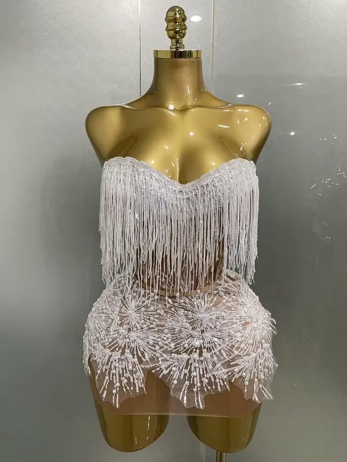 2025 Sexy perle paillettes gland sans manches paillettes Mini robe femmes chanteur Bar discothèque s