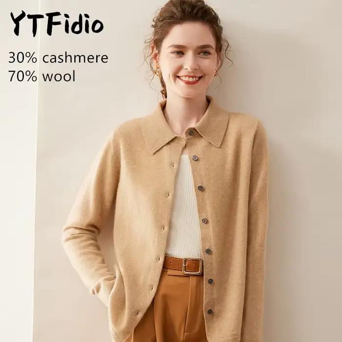 YTFidio cachemire laine mérinos pull femmes col POL à manches longues haut de luxe vêtements de créa