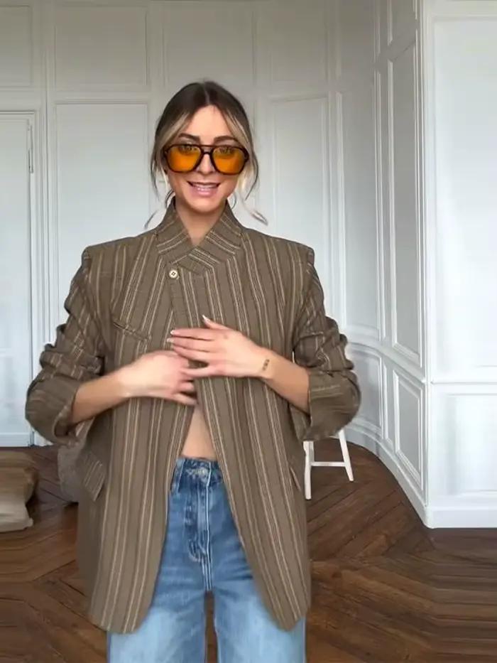 Nouveau Blazer Vintage à Carreaux pour Femme, Col Montant, Un Bouton, Poches, Veste de Costume Fémin
