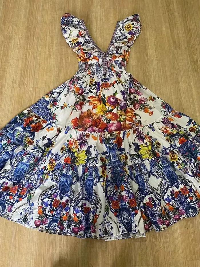 Robe rétro sexy à col en V profond pour femmes, manches Feifei imprimées, jupe haute, nouvelle robe