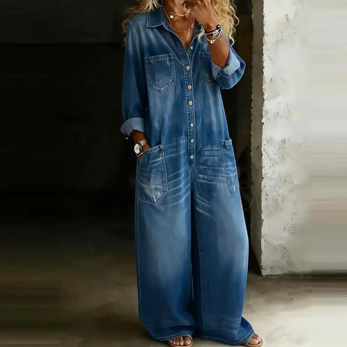 Combinaison longue décontractée en jean pour femme, à col rabattu, manches longues, coupe ample, uni