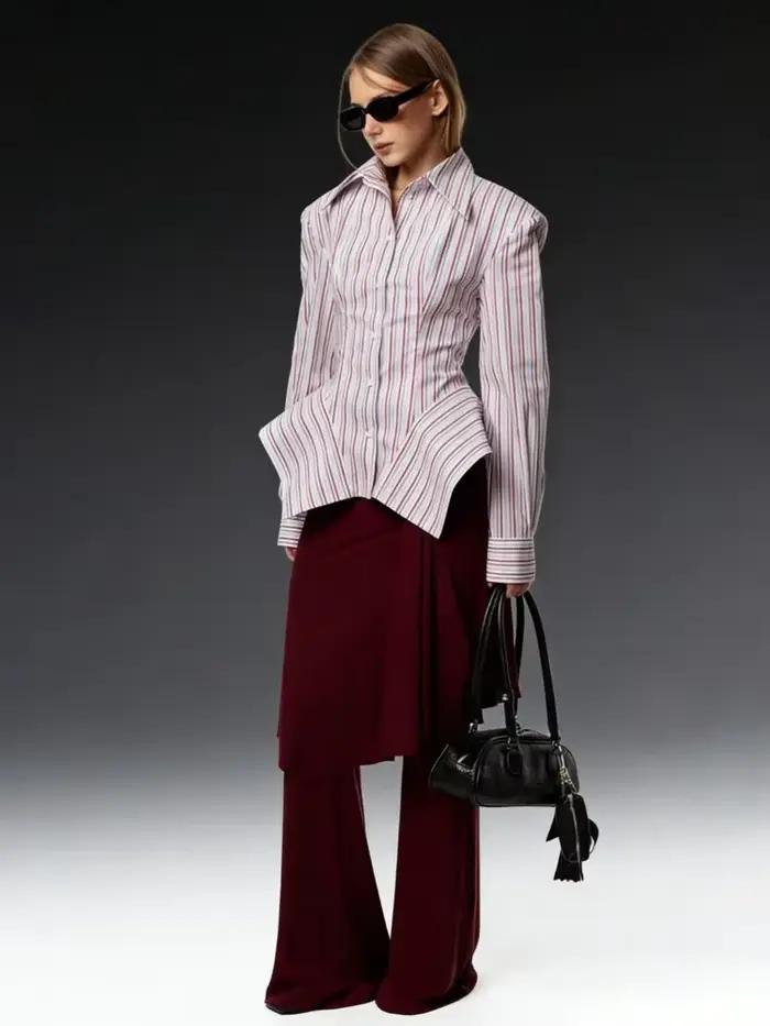 Chemisier rayé élégant DFDG pour femme, collection Printemps-Été 2026, col pointu, manches longues,