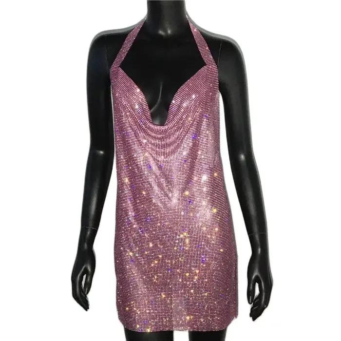 Robe dos nu en strass scintillants, Sexy, décolleté en V profond, sans manches, fendue sur le côté,