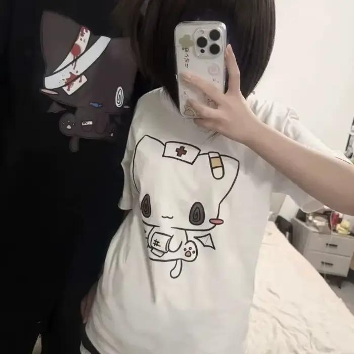 Femmes t-shirts dessin animé imprimé drôle Couple doux à manches courtes col rond ample Y2k Harajuku