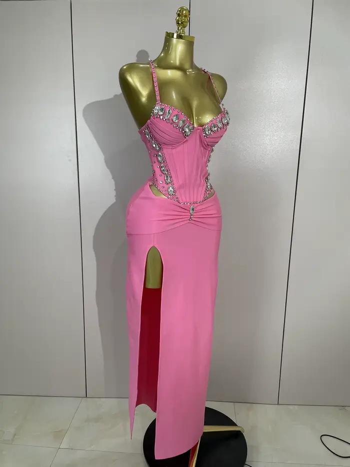 Robe à bandes rose, élégante, Sexy, dos nu, moulante, sans manches, pour femmes, bal, Club, soirée,