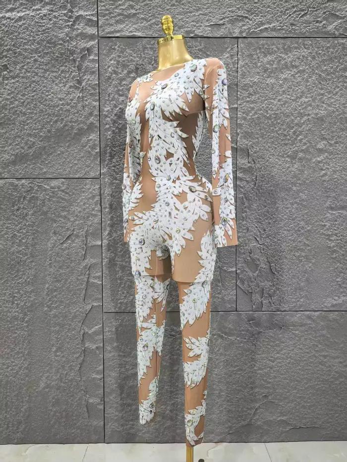 Gros femmes Sexy à manches longues brillant strass moulante combinaison célébrer discothèque fête Pe