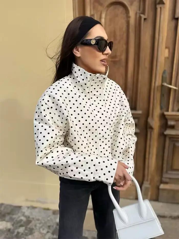 Blouson Bomber Femme Tendance à Pois, Veste Longue Ample à Manches Longues pour le Printemps, Mantea