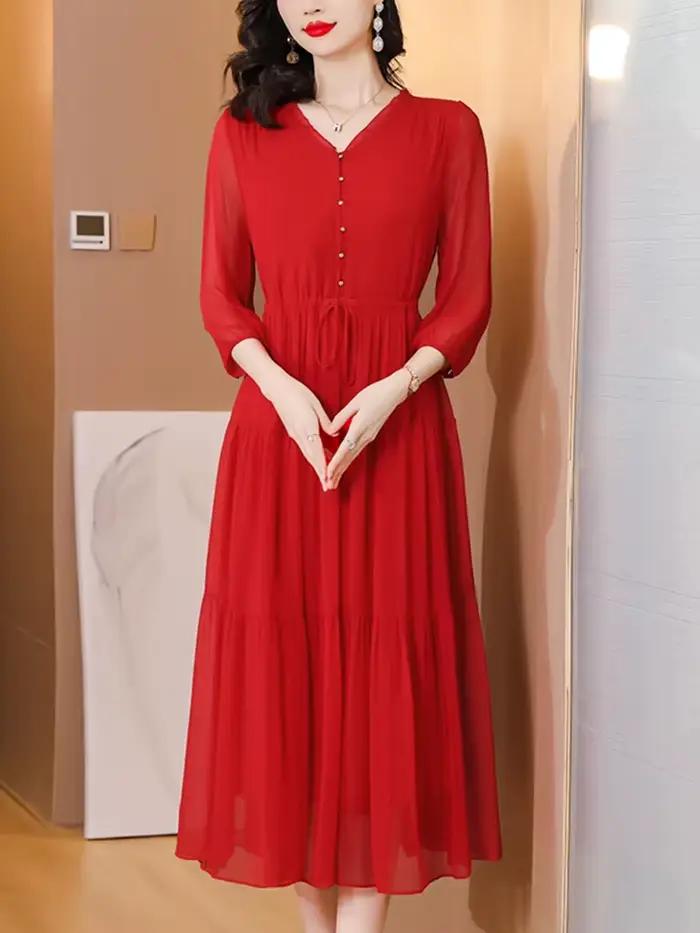 Robe mi-longue en soie rouge, Vintage, ample, élégante, moulante, robe de soirée, à bandes, décontra