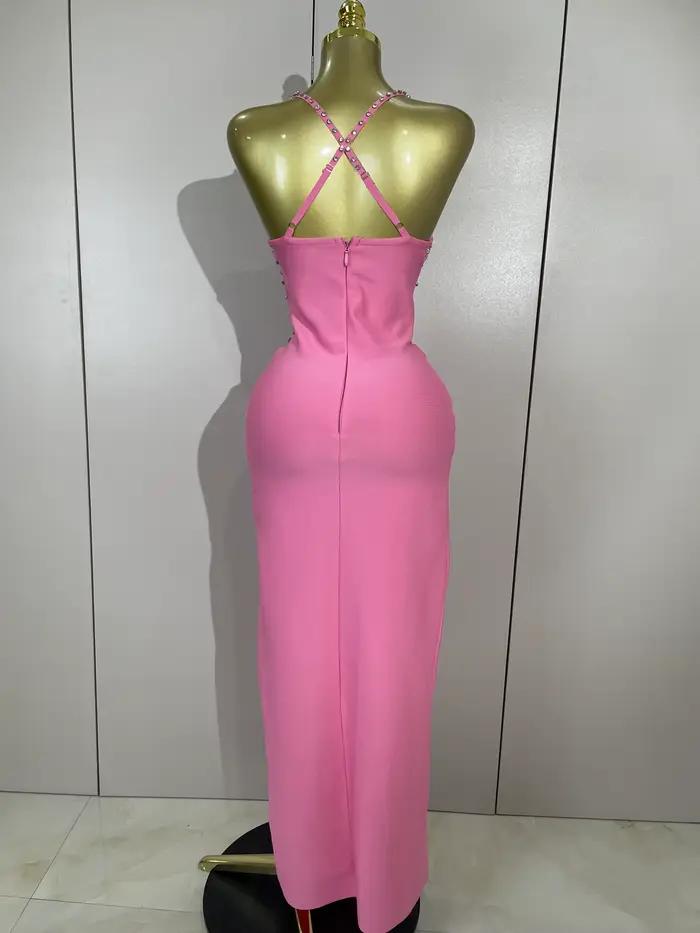 Robe à bandes rose, élégante, Sexy, dos nu, moulante, sans manches, pour femmes, bal, Club, soirée,
