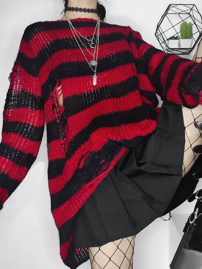 Karrcat Grunge Harajuku rayé tricot pull femmes Y2K Streetwear trou cassé pull ample violet chandail