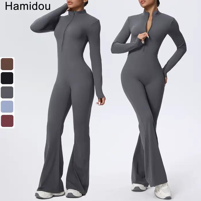 Femme couleur unie combinaison Yoga costume demi fermeture éclair Scrunch sport Fitness vêtements gy