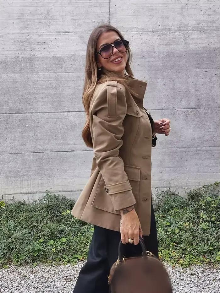 HH femmes automne mode vestes manches longues col haut poches simple boutonnage décorer manteaux fem