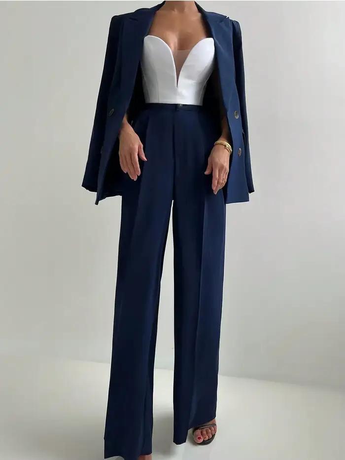 Ensemble de costume veste Blazer et pantalon à jambes droites pour femmes, élégant et décontracté, p