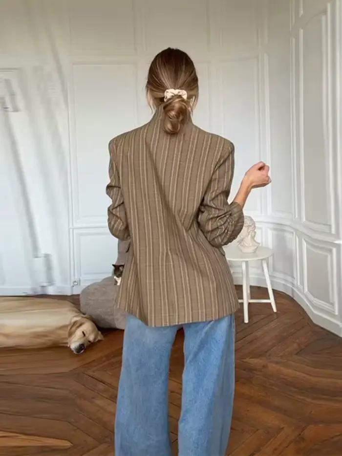 Nouveau Blazer Vintage à Carreaux pour Femme, Col Montant, Un Bouton, Poches, Veste de Costume Fémin
