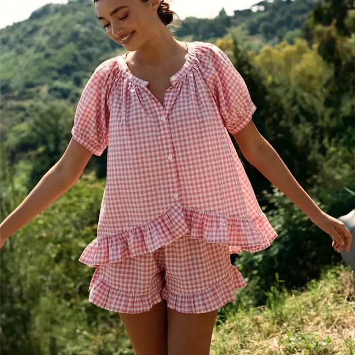 Gaono Ensemble pyjama vichy pour femme Y2K, short à volants à carreaux, manches courtes, chemise bou