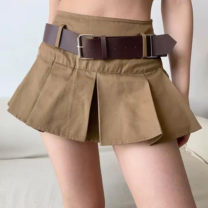 Karrram – Mini jupe plissée marron pour femmes, décontractée, taille haute, avec ceinture, mode coré