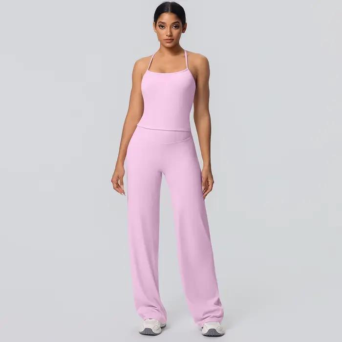 Ensemble de Yoga 2 pièces pour femmes, couleur unie, sport, Sexy, belle sangle arrière, haut d'entra