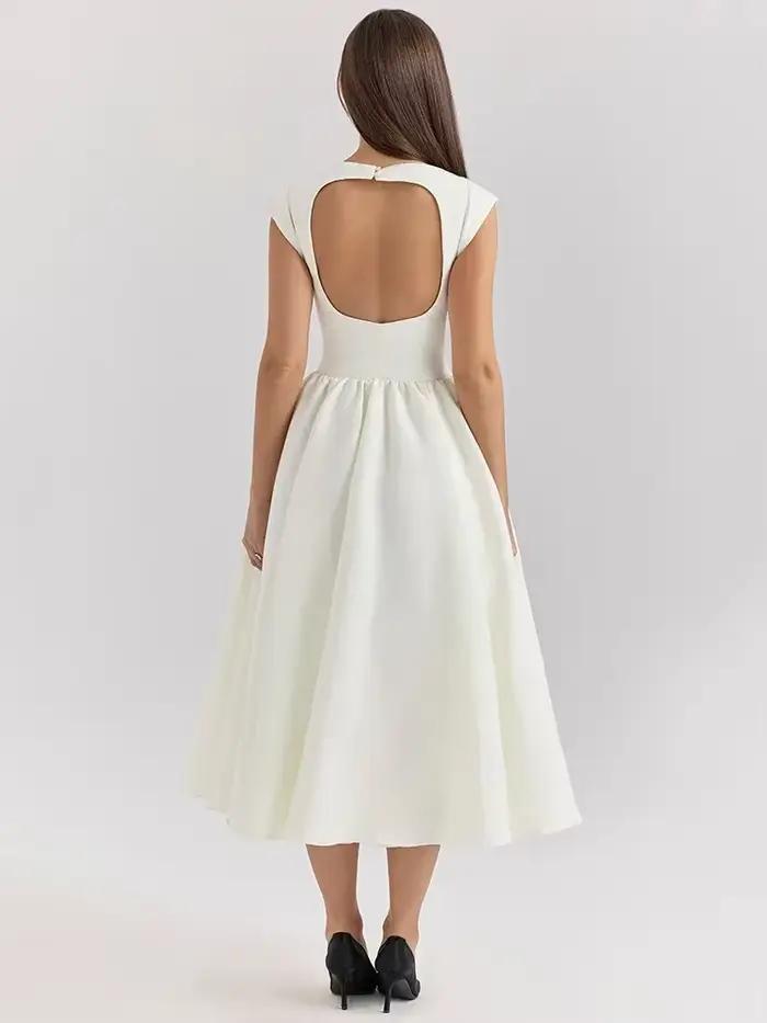 Oligai Robe Longue Crème Femme - Robe Élégante Manches Cape Dos Nu Coupe Cintrée Évasée pour Anniver