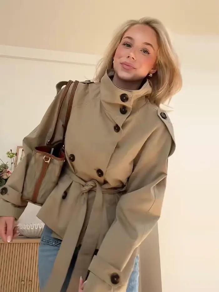 Manteau Trench Élégant pour Femme à Lacets, Manches Longues, Double Boutonnage, Col Montant, Veste K