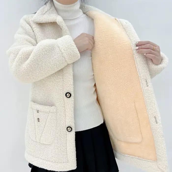 Manteau en fourrure d'agneau à simple boutonnage pour femme, veste décontractée pour femme, poche à