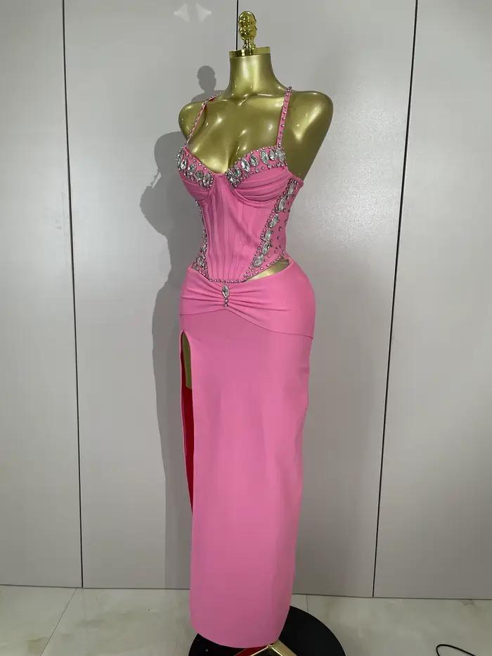 Robe à bandes rose, élégante, Sexy, dos nu, moulante, sans manches, pour femmes, bal, Club, soirée,
