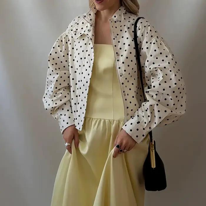 Veste bomber élégante vintage à pois surdimensionnée pour femmes, manches bouffantes, fermeture écla