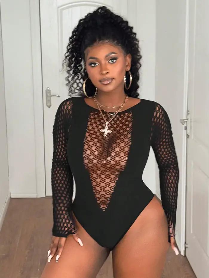 Body moulant sexy grande taille pour femme, à manches longues, ajouré, extensible, coupe ajustée, te