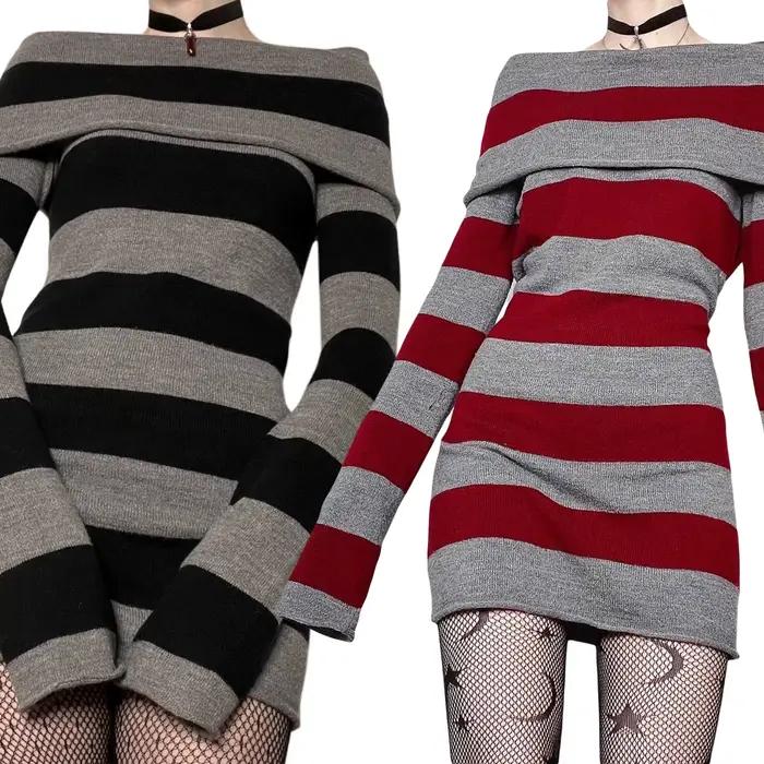 Y2K Pull Rayé Mini Robe Mall Goth Grunge Emo Moulante Chic Femmes Hors Épaule Manches Longues Slim F
