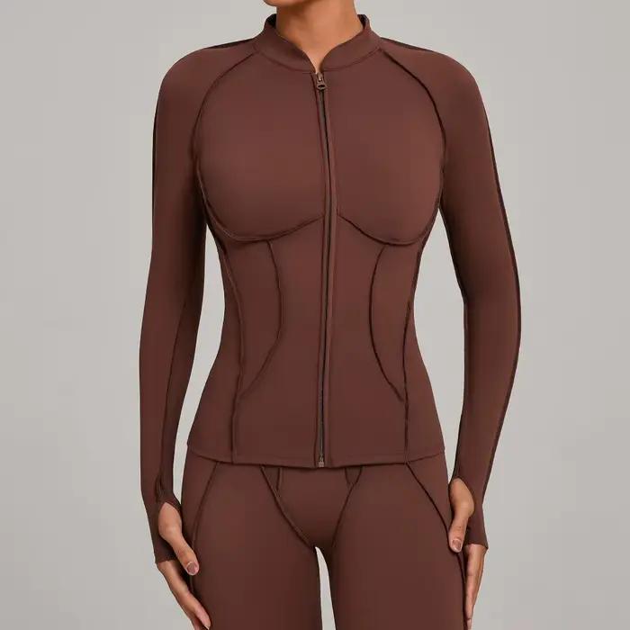 Veste de Yoga à manches longues et fermeture éclair pour femme, col montant, moulante, séchage rapid