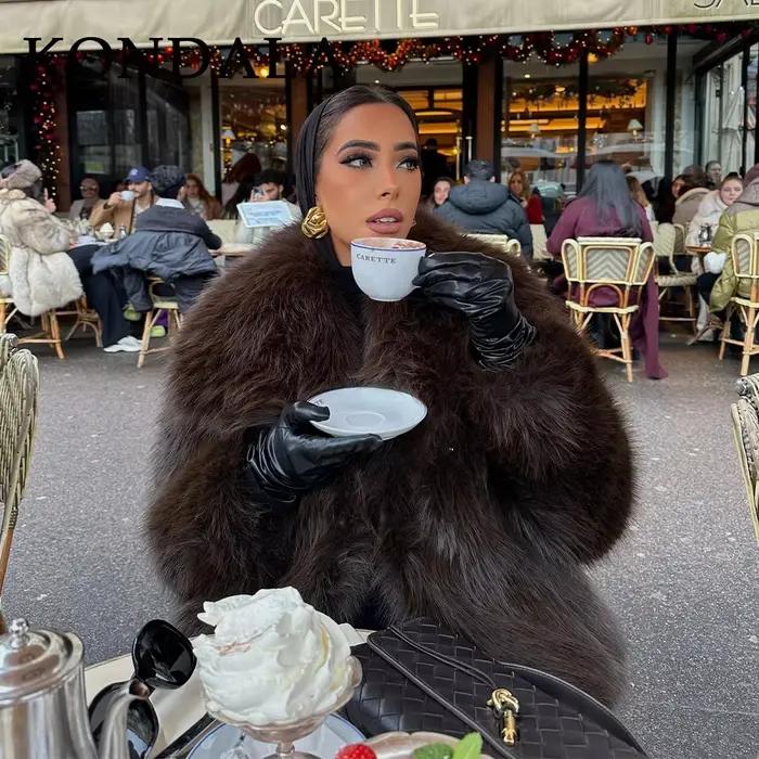 KONDALA 2026 Printemps-Été – Manteaux Chauds Décontractés Marron en Fausse Fourrure pour Femme, Col