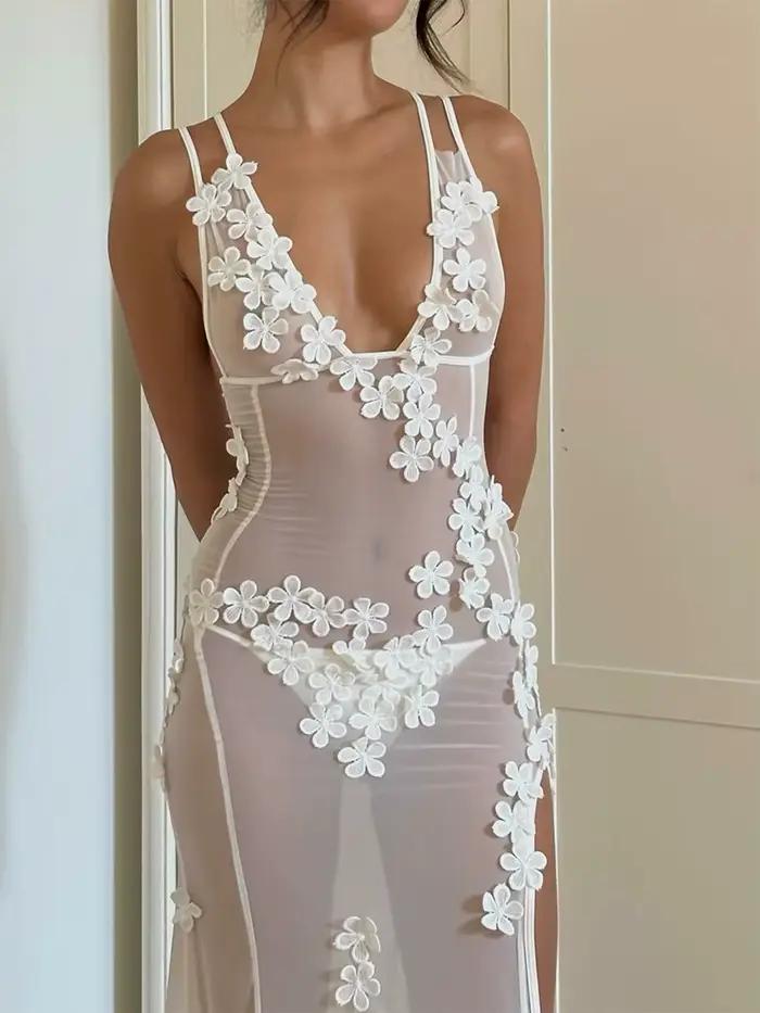 Robe en fibre de maille transparente pour femme, col en V, fleur, fente latérale, robe de soirée, co