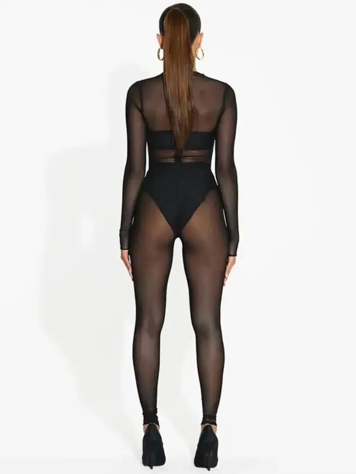 Combinaisons noires pour femmes maille voir à travers les salopette moulante barboteuse une pièce te