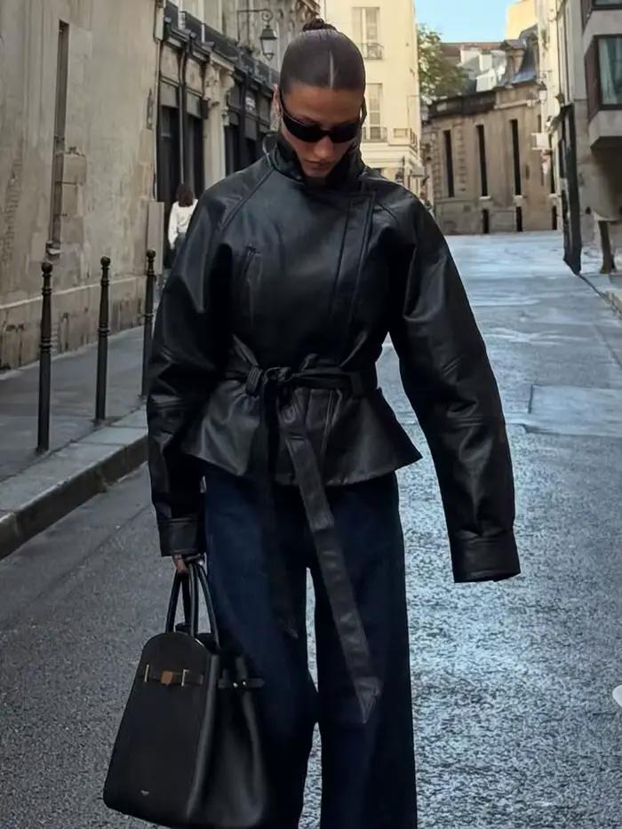 HH femmes mode noir court Faux cuir Trench manteau à manches longues revers veste avec ceinture Vint