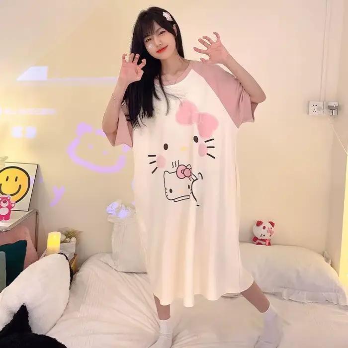 Nouvelle Robe de Nuit Hello Kitty Douce et Mignonne pour Femme, Version Coréenne, Col Rond, Coupe Am