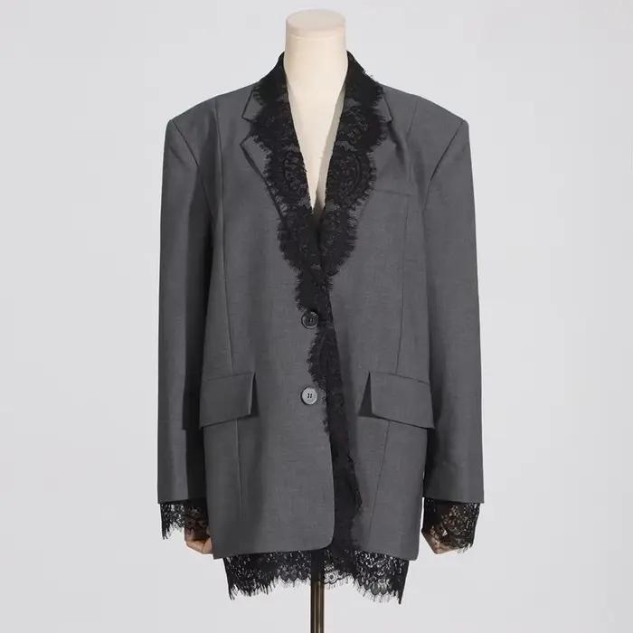 VGH-Blazer Chic en Dentelle Épissée pour Femme, Col Cranté, Manches sulf, Style de Vêtement Féminin