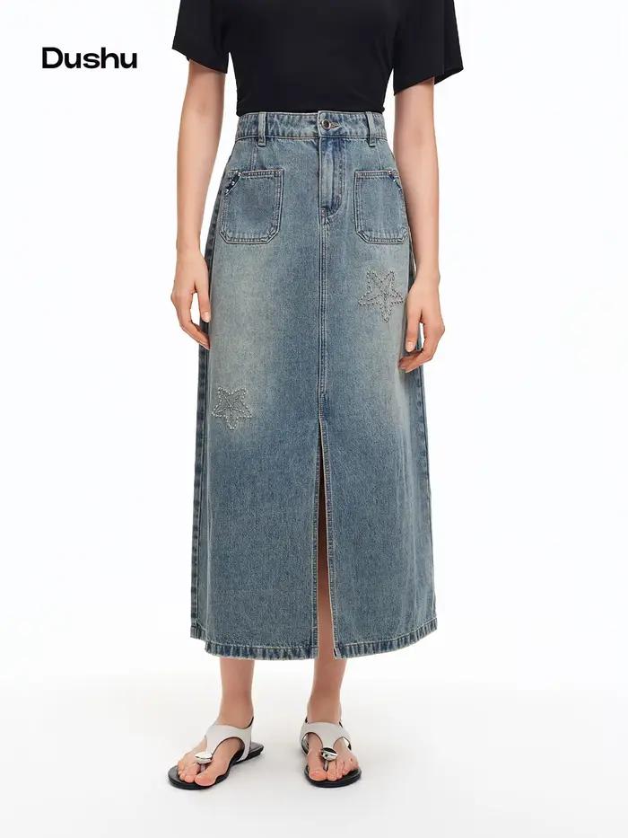 DUSHU 2026 Nouvelle Jupe Midi en Jean Brodé Étoile de Mer pour Femme, Jupe Longue Vintage Coupe Trap