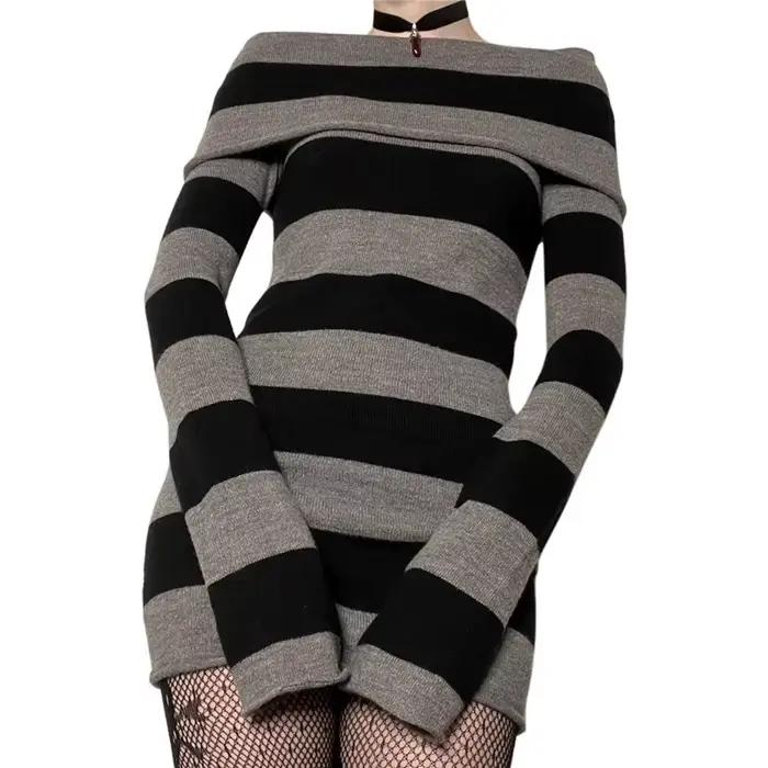 Y2K Pull Rayé Mini Robe Mall Goth Grunge Emo Moulante Chic Femmes Hors Épaule Manches Longues Slim F