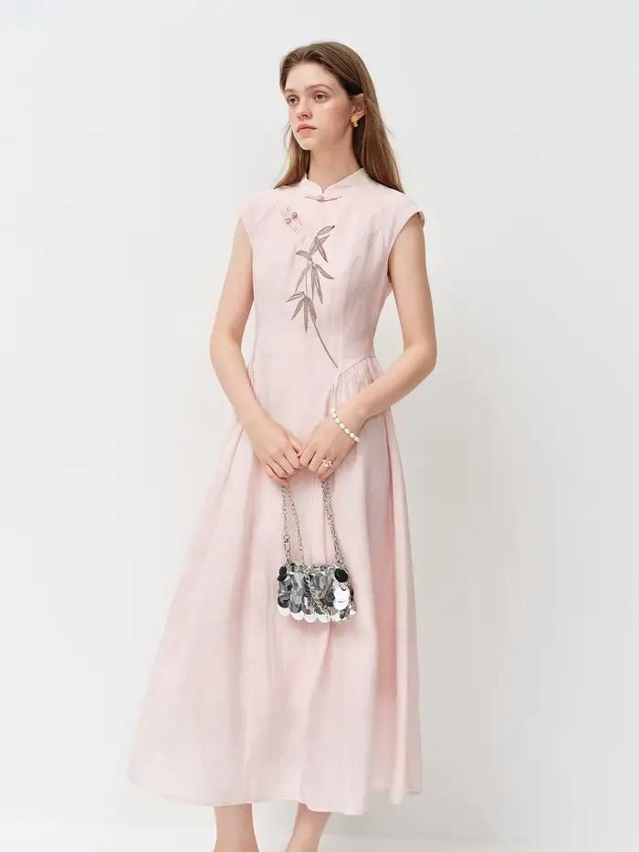 FSLE Nouvelle Robe Longue Slim Broderie Style Chinois pour Femme, Nouveautés Été 2026, Jupe Trapèze