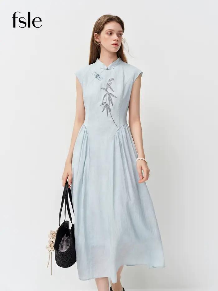 FSLE Nouvelle Robe Longue Slim Broderie Style Chinois pour Femme, Nouveautés Été 2026, Jupe Trapèze